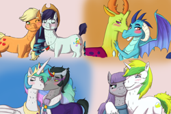 Size: 3000x2000 | Tagged: safe, artist:azurllinate, character:applejack, character:coloratura, character:king sombra, character:maud pie, character:princess celestia, character:princess ember, character:thorax, oc, oc:sol bright, species:alicorn, species:changeling, species:dragon, species:earth pony, species:pony, species:reformed changeling, species:unicorn, ship:celestibra, ship:rarajack, :i, canon x oc, changeling x dragon, cheek fluff, chest fluff, crying, cute, cutelestia, dragoness, ear fluff, emberbetes, embrax, eyes closed, female, fluffy, gradient background, grin, hug, interspecies, jackabetes, jewelry, kiss on the cheek, kissing, lesbian, lidded eyes, male, mare, maudabetes, neck fluff, necklace, nervous, nuzzling, one eye closed, puffy cheeks, rarabetes, shipping, smiling, sombradorable, stallion, straight, thorabetes, unshorn fetlocks, wink