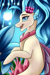 Size: 1024x1536 | Tagged: safe, artist:crecious, character:princess skystar, species:seapony (g4), g4, my little pony: the movie (2017), angler seapony, bioluminescent, female, glow, looking at you, open mouth, smiling, solo, underwater