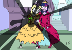 Size: 2893x2039 | Tagged: safe, artist:pony4koma, character:derpy hooves, character:twilight sparkle, my little pony: the movie (2017), my little pony:equestria girls, canterlot, clothing, converse, crown, dark magic, derpy's sacrifice, dress, duo, epic derpy, equestria girls interpretation, female, hat, hero, heroic sacrifice, horrified, jewelry, magic, medieval, muffin, obsidian orb, party hat, regalia, scene interpretation, self sacrifice, shocked, shoes, sneakers, this will end in petrification