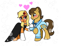 Size: 1024x768 | Tagged: safe, artist:melspyrose, character:applejack, character:caramel, species:earth pony, species:pony, ship:carajack, alternate hairstyle, bedroom eyes, blushing, date, ear piercing, earring, female, flower, heart, jewelry, lipstick, looking at each other, makeup, male, piercing, rose, shipping, simple background, straight, transparent background