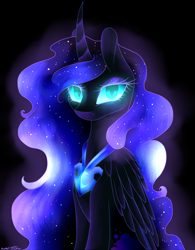 Size: 900x1152 | Tagged: safe, artist:purediamond360, character:nightmare moon, character:princess luna, species:alicorn, species:pony, curved horn, female, glowing eyes, jewelry, long mane, looking at you, mare, peytral, sitting, solo