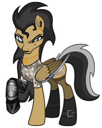 Size: 3200x4000 | Tagged: safe, artist:cherrymocaccino, artist:zuko42, oc, oc only, oc:vile harpy, species:pegasus, species:pony, pony town, amputee, amulet, blades, boots, camouflage, clothing, ear piercing, earring, eyeshadow, female, high res, implants, jewelry, jolly roger, lipstick, looking at you, makeup, mare, mole, piercing, prosthetic limb, prosthetics, shirt, shoes, simple background, socks, solo, stockings, thigh highs, transparent background, vector