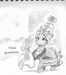 Size: 1306x1480 | Tagged: safe, artist:digiral, character:meadowbrook, species:earth pony, species:pony, g4, clothing, eyebrows, eyelashes, female, grayscale, healer's mask, mask, monochrome, skirt, solo, traditional art