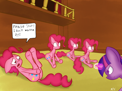 Size: 2000x1506 | Tagged: safe, artist:mostlyponyart, character:pinkie pie, character:twilight sparkle, species:earth pony, species:pony, species:unicorn, episode:too many pinkie pies, g4, my little pony: friendship is magic, begging, butt, clone, female, imminent death, imminent murder, mare, on back, pinkie clone, pinkie clone debate, plot