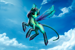 Size: 1600x1067 | Tagged: safe, artist:l1nkoln, oc, oc only, species:pony, cloud, commission, female, flying, insect wings, mare, sky, solo, spread wings, tail, wings