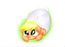Size: 1024x744 | Tagged: safe, artist:rurihal, part of a set, character:applejack, species:earth pony, species:pony, blank flank, cute, egg, female, filly, floppy ears, grass, hatching, jackabetes, looking at you, looking up, prone, solo, traditional art, younger