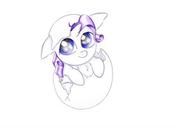 Size: 1024x744 | Tagged: safe, artist:rurihal, part of a set, character:rarity, species:pony, species:unicorn, blank flank, cute, egg, female, filly, hatching, looking up, raribetes, solo, traditional art, younger