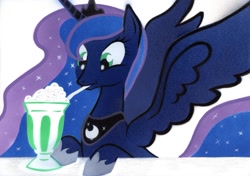 Size: 1024x721 | Tagged: safe, artist:rurihal, character:princess luna, species:alicorn, species:pony, bubbling, bust, drink, drinking straw, female, jewelry, looking at something, regalia, silly, silly pony, solo, spread wings, traditional art, wings