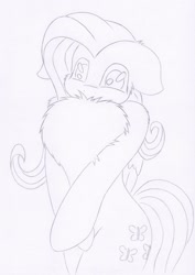 Size: 1024x1450 | Tagged: safe, artist:rurihal, character:fluttershy, species:pegasus, species:pony, bipedal, chest fluff, female, floppy ears, fluffershy, folded wings, grayscale, impossibly large chest fluff, lineart, monochrome, pencil drawing, pose, simple background, solo, traditional art, wings
