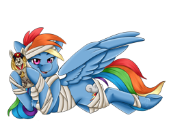Size: 1280x948 | Tagged: safe, artist:crecious, character:rainbow dash, species:pegasus, species:pony, female, looking at you, mare, multicolored hair, mummy, prone, simple background, smiling, solo, transparent background