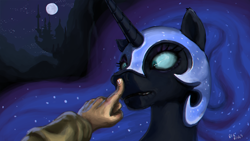 Size: 4310x2424 | Tagged: safe, alternate version, artist:bigrigs, character:nightmare moon, character:princess luna, species:human, boop, canterlot, first person view, high velocity booping action, horse nostril, imminent death, moon, offscreen character, pov, wallpaper, widescreen