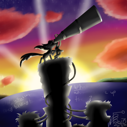 Size: 720x721 | Tagged: safe, artist:florarena-kitasatina/dragonborne fox, species:pony, black foreground, cloud, crossover, erased dialogue, island, not sure if ponified, ocean, solo, spoilers for a game, stars, sunset, telescope, watermark, windswept mane, wires, world of goo