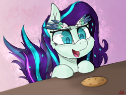 Size: 1668x1264 | Tagged: safe, artist:ruby dusk, character:coloratura, species:earth pony, species:pony, cookie, female, food, leaning, mare, open mouth, simple background, smiling, solo, table