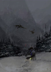 Size: 3508x4961 | Tagged: safe, artist:quiet-victories, species:griffon, species:pony, fallout equestria, blizzard, fir tree, generic pony, gun, mountain, mountain range, rear view, rifle, snow, snowfall, spruce, weapon