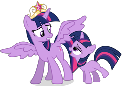 Size: 7991x5615 | Tagged: safe, artist:drewdini, edit, editor:slayerbvc, character:twilight sparkle, character:twilight sparkle (alicorn), character:twilight sparkle (unicorn), species:alicorn, species:pony, species:unicorn, absurd resolution, big crown thingy, blank flank, element of magic, female, filly, filly twilight sparkle, jewelry, lesbian, lidded eyes, ponidox, regalia, self ponidox, selfcest, shipping, simple background, time paradox, transparent background, twitwi, twolight, younger