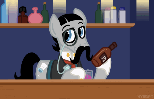 Size: 518x334 | Tagged: safe, artist:nyerpy, species:earth pony, species:pony, alcohol, animated, appleloosa resident, bottle, clothing, drink, male, monocle, morton saltworthy, moustache, solo, stallion