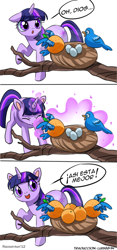 Size: 400x856 | Tagged: safe, artist:innuendo88, artist:racoonsan, character:twilight sparkle, character:twilight sparkle (unicorn), species:pony, species:unicorn, :o, eyes closed, female, magic, mare, open mouth, orange, orange bird, orangified, raised hoof, simple background, smiling, spanish, transformation, translation, wat, white background
