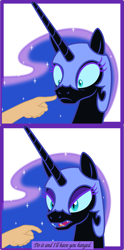 Size: 1345x2702 | Tagged: safe, artist:grypher, derpibooru original, character:nightmare moon, character:princess luna, species:human, boop, boop denied, fangs, frown, glare, hand, offscreen character, open mouth, sharp teeth, simple background, solo focus, speech, teeth, tempting fate, threat, vector, white background, wide eyes
