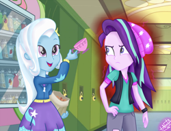 Size: 1300x1000 | Tagged: safe, artist:liniitadash23, character:starlight glimmer, character:trixie, episode:all bottled up, g4, my little pony: friendship is magic, my little pony:equestria girls, anger magic, beanie, canterlot high, clothing, cup, cute, equestria girls interpretation, female, hallway, hat, hoodie, lockers, magic, messy hair, pants, scene interpretation, skirt, teacup, vending machine, vest
