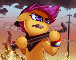 Size: 2400x1900 | Tagged: dead source, safe, artist:php69, character:scootaloo, species:pegasus, species:pony, barbed wire, bracelet, cap, clothing, cloud, explosion, female, fence, filly, hat, holding, jewelry, lead pipe, pipe (plumbing), sky, solo, tree, weapon