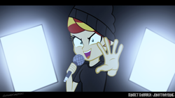 Size: 2560x1440 | Tagged: safe, artist:ngrycritic, character:sunset shimmer, my little pony:equestria girls, clothing, evil grin, female, jonathan young, microphone, open mouth, singing, smiling, solo