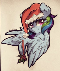 Size: 542x641 | Tagged: safe, artist:agletka, character:rainbow dash, species:pegasus, species:pony, bust, christmas, clothing, female, hat, holiday, holly, looking at you, mare, portrait, santa hat, simple background, solo, traditional art