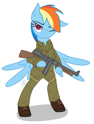 Size: 1456x1920 | Tagged: safe, artist:camo-pony, character:rainbow dash, species:pegasus, species:pony, bipedal, boots, clothing, female, gun, mare, military, military uniform, shoes, simple background, spread wings, submachinegun, tommy gun, weapon, white background, wings, world war ii