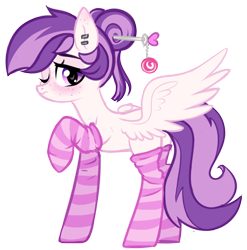Size: 1688x1708 | Tagged: safe, artist:astralblues, oc, oc only, oc:mentol heart, species:pegasus, species:pony, 2018 community collab, derpibooru community collaboration, blushing, clothing, ear piercing, female, freckles, looking at you, mare, one eye closed, piercing, raised hoof, shy, simple background, socks, solo, striped socks, transparent background, wings