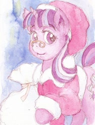 Size: 483x640 | Tagged: safe, artist:daisymane, character:snowfall frost, character:starlight glimmer, species:pony, species:unicorn, christmas, clothing, costume, female, glasses, hat, holiday, looking at you, sack, santa costume, santa hat, smiling, solo, traditional art, watercolor painting