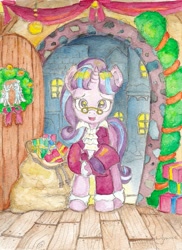 Size: 581x800 | Tagged: safe, artist:daisymane, character:snowfall frost, character:starlight glimmer, species:pony, species:unicorn, clothing, female, glasses, greeting, hat, hearth's warming, mare, present, sack, solo, top hat, traditional art, watercolor painting