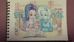 Size: 1024x576 | Tagged: safe, artist:daisymane, character:starlight glimmer, character:trixie, my little pony:equestria girls, book, cafe, coffee, duo, flower, sitting, sketchbook, teaching, traditional art, watercolor painting