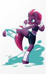 Size: 1200x1920 | Tagged: safe, artist:laptop-pone, character:tempest shadow, species:pony, species:unicorn, my little pony: the movie (2017), broken horn, clothing, eye scar, female, kickboxing, kicking, mare, open mouth, scar, semi-anthro, solo