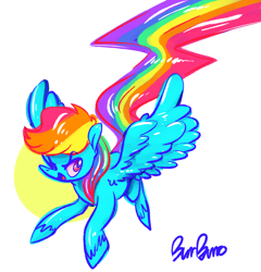 Size: 1176x1225 | Tagged: safe, artist:burrburro, character:rainbow dash, species:pegasus, species:pony, female, flying, needs more saturation, rainbow trail, smiling, solo