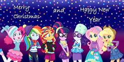 Size: 3380x1700 | Tagged: safe, artist:liniitadash23, character:applejack, character:fluttershy, character:pinkie pie, character:rainbow dash, character:rarity, character:sunset shimmer, character:twilight sparkle, character:twilight sparkle (scitwi), species:eqg human, g4, my little pony: equestria girls, my little pony:equestria girls, 2018, clothing, coat, glasses, happy new year, happy new year 2018, hat, holiday, humane seven, looking at you, merry christmas, smiling, snow, snowfall