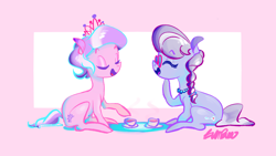 Size: 1978x1112 | Tagged: safe, artist:burrburro, character:diamond tiara, character:silver spoon, species:earth pony, species:pony, cup, food, happy, laughing, smiling, tea, teacup