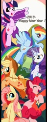Size: 460x1200 | Tagged: safe, artist:erufi, character:applejack, character:fluttershy, character:pinkie pie, character:rainbow dash, character:rarity, character:twilight sparkle, character:twilight sparkle (alicorn), species:alicorn, species:earth pony, species:pegasus, species:pony, cute, dashabetes, diapinkes, eyes closed, female, flying, folded wings, glowing horn, jackabetes, levitation, looking at you, magic, mane six, mare, new year, open mouth, raised hoof, raribetes, shyabetes, smiling, spread wings, telekinesis, twiabetes, wings