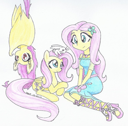 Size: 789x780 | Tagged: safe, artist:astevenamedwolf, character:angel bunny, character:flutterbat, character:fluttershy, species:bat pony, g4, my little pony: equestria girls, my little pony:equestria girls, clothing, cute, dress, hanging, human ponidox, ponidox, prone, race swap, self ponidox, shyabates, shyabetes, simple background, sitting, traditional art, triality, trio, upside down