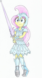 Size: 670x1221 | Tagged: safe, artist:astevenamedwolf, character:fluttershy, episode:the crystal empire, g4, my little pony: friendship is magic, my little pony:equestria girls, armor, armor skirt, boots, clothing, cute, equestria girls interpretation, fantasy class, female, helmet, holding, joust, jousting outfit, knight, lance, scene interpretation, shoes, simple background, skirt, solo, traditional art, warrior, weapon