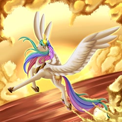 Size: 2048x2048 | Tagged: safe, artist:crecious, character:princess celestia, species:alicorn, species:pony, eyes closed, female, flying, glowing horn, mare, praise the sun, solo, sunrise