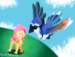 Size: 1106x840 | Tagged: safe, artist:spudsmcfrenzy, character:fluttershy, species:bird, species:pegasus, species:pony, blue jay, female, grass, mare, smiling
