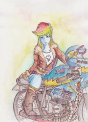 Size: 738x1024 | Tagged: safe, artist:daisymane, character:rainbow dash, my little pony:equestria girls, clothing, female, looking at you, motorcycle, multicolored hair, solo, traditional art, watercolor painting