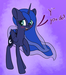 Size: 1100x1250 | Tagged: safe, artist:litrojia, character:princess luna, species:alicorn, species:pony, abstract background, blushing, colored pupils, cute, dialogue, female, looking at you, lunabetes, mare, missing accessory, open mouth, shy, smiling, solo