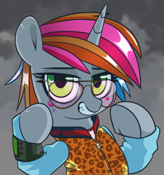Size: 1804x1924 | Tagged: safe, artist:php69, oc, oc only, oc:littlepip, species:pony, species:unicorn, fallout equestria, clothing, dye, dyed mane, fanfic, fanfic art, female, glasses, hooves, horn, looking at you, mare, pipbuck, solo, sunglasses, tattoo, teeth