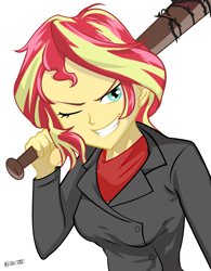Size: 1123x1440 | Tagged: safe, artist:ngrycritic, character:sunset shimmer, my little pony:equestria girls, amc, baseball bat, crossover, evil grin, female, grin, negan, one eye closed, simple background, smiling, solo, style emulation, the walking dead, white background, wink