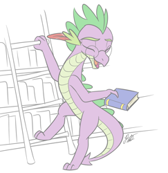 Size: 1872x1924 | Tagged: safe, artist:camo-pony, character:spike, species:dragon, book, bookshelf, glasses, ladder, male, older, older spike, quill, simple background, solo