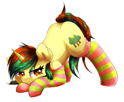 Size: 1113x922 | Tagged: safe, artist:agletka, oc, oc only, oc:northern spring, species:pony, species:unicorn, clothing, face down ass up, female, simple background, socks, solo, striped socks, transparent background, ych result