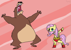 Size: 1021x720 | Tagged: safe, artist:nyerpy, character:fluttershy, character:harry, bear, beard, crossover, facial hair, street fighter, zangief