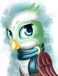Size: 1530x2000 | Tagged: safe, artist:qbellas, character:greta, species:griffon, bust, clothing, female, scarf, simple background