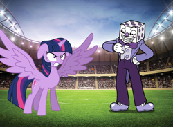 Size: 2000x1473 | Tagged: safe, artist:arcgaming91, character:twilight sparkle, character:twilight sparkle (alicorn), species:alicorn, species:pony, crossover, cuphead, fight, king dice