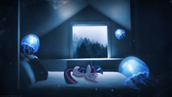 Size: 1920x1080 | Tagged: safe, artist:minhbuinhat99, artist:sairoch, edit, character:twilight sparkle, species:pony, species:unicorn, bed, female, jellyfish, mare, photo, pillow, room, sad, solo, stock image, tree, vector, wallpaper, wallpaper edit